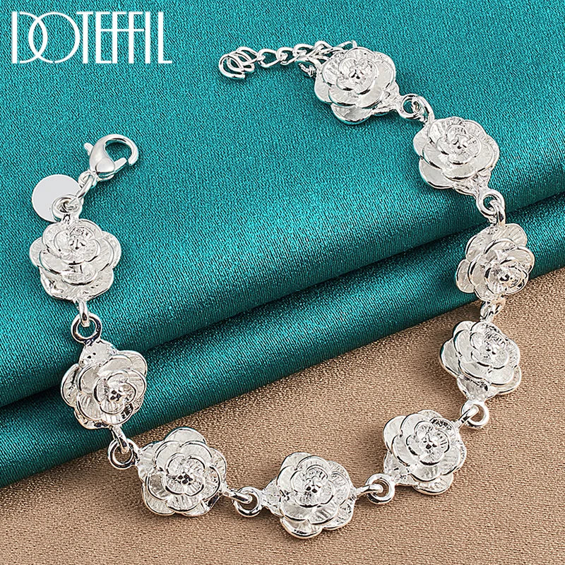 DOTEFFIL 925 Sterling Silver Full Rose Flower Chain Bracelet For Women Wedding Engagement Party Fashion Charm Jewelry