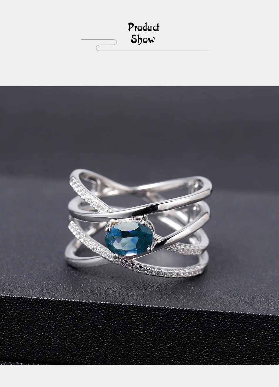 Natural London Blue Topaz Gemstone Ring 925 Sterling Silver Criss-Cross