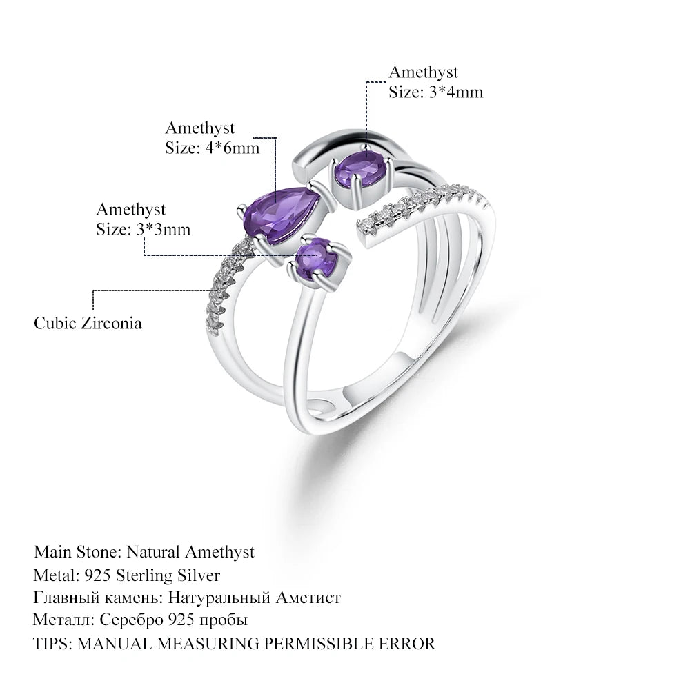 GEM'S BALLET 925 Sterling Silver Adjustable Open Ring 0.67Ct Natural Amethyst Stone Swirls Ring For Women Anniversary Jewelry