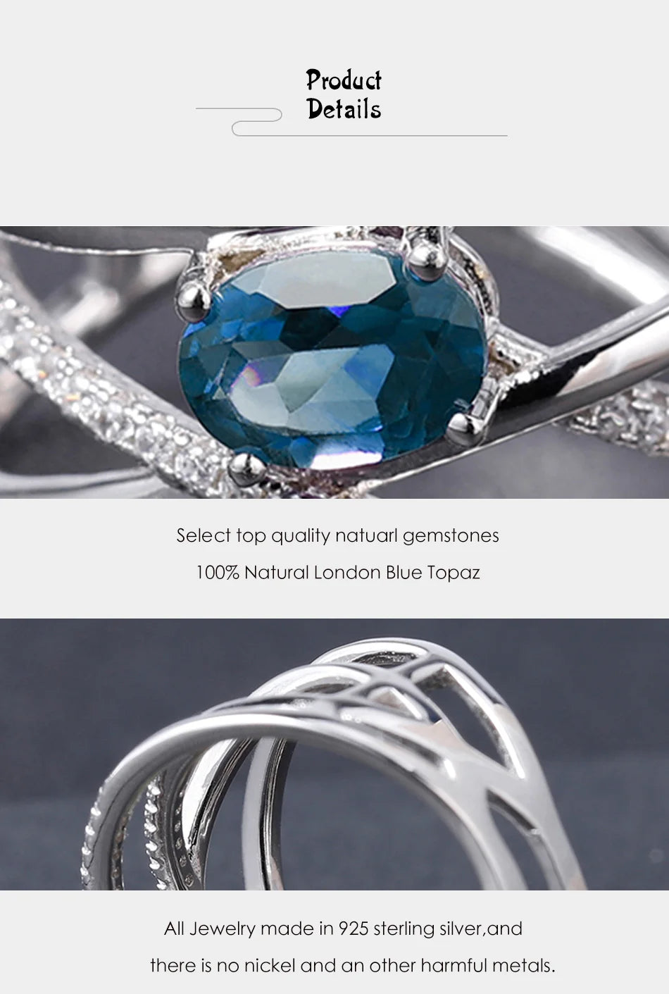 Natural London Blue Topaz Gemstone Ring 925 Sterling Silver Criss-Cross