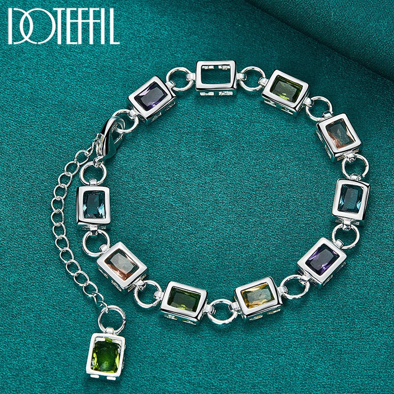 925 Sterling Silver Square inlaid With Multi-color AAA Zircon Bracelet Chain