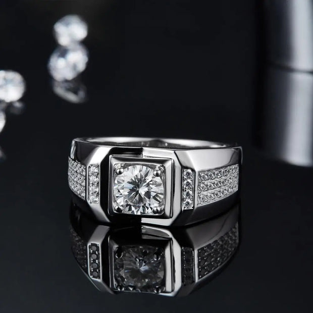 GEM'S BALLET 585 14K 10K 18K Gold 925 Silver Mens Engagement Rings Round 1.0 Ct. 6.5mm Men's Moissanite Diamond Cluster Ring