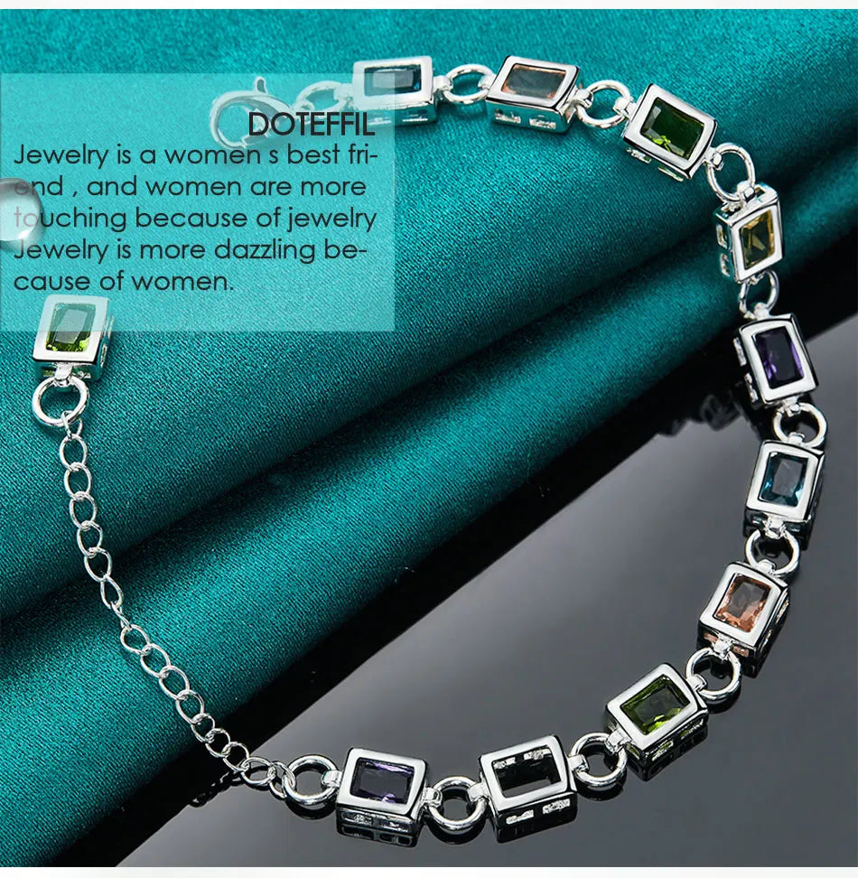 925 Sterling Silver Square inlaid With Multi-color AAA Zircon Bracelet Chain