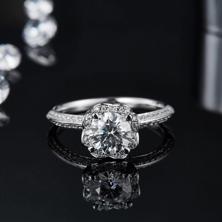 GEM'S BALLET 1.0Ct Round Bypass Floral Halo Moissanite Engagement Ring – Timeless Elegance