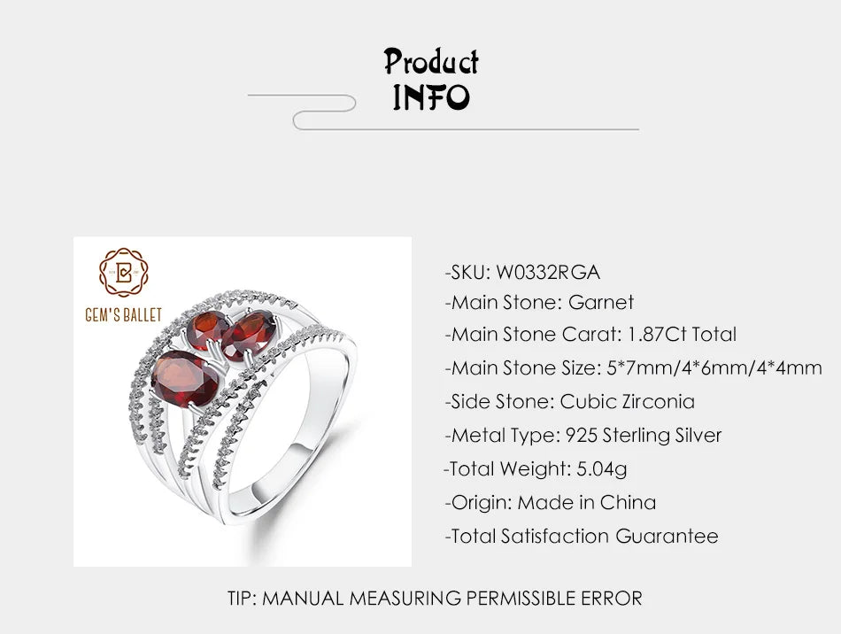 GEM'S BALLET 925 Sterling Silver Criss-Cross Gemstone Ring 1.87Ct Natural Red Garnet Finger Rings For Women Wedding Fine Jewelry