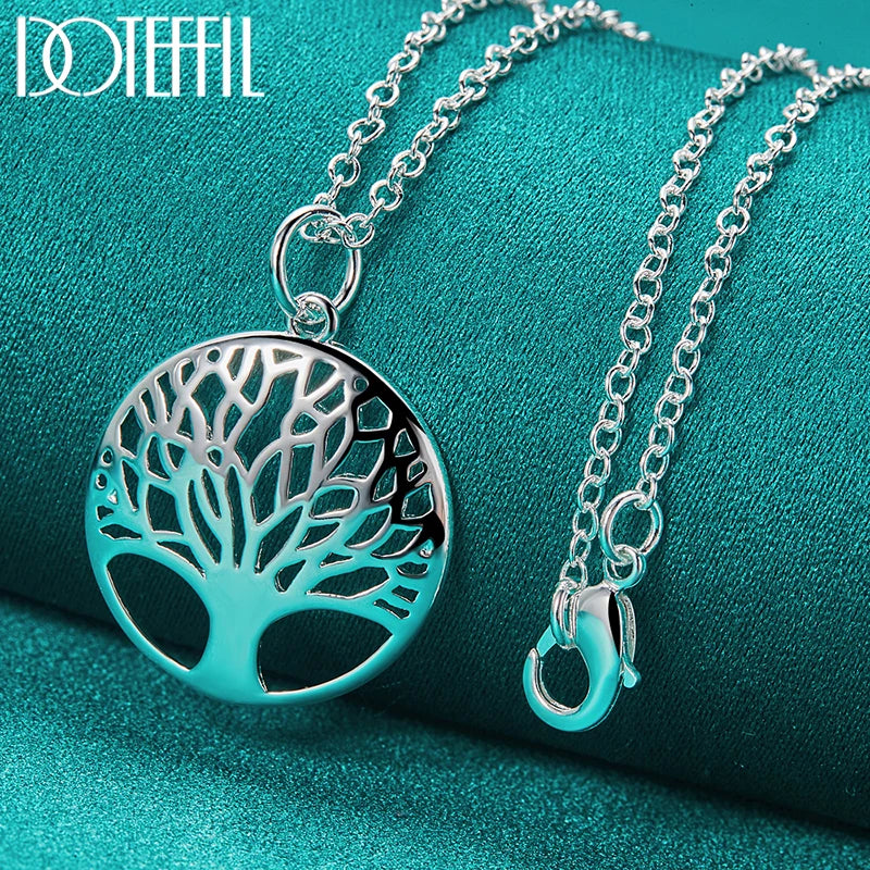 DOTEFFIL 925 Sterling Silver 16-30 Inch Chain Tree Round Pendant Necklace For Woman Fashion Wedding Engagement Charm Jewelry