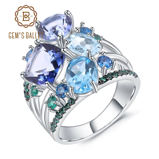 GEM'S BALLET Natural Mystic Quartz Topaz Gemstone Ring 925 Sterling Silver Statement  Rings for Women Wedding Bijoux