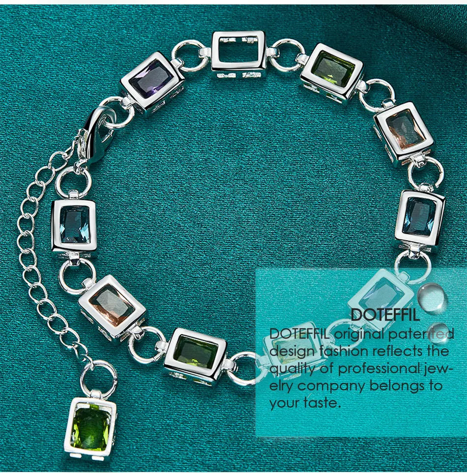 925 Sterling Silver Square inlaid With Multi-color AAA Zircon Bracelet Chain