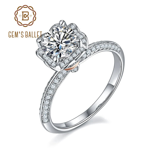 GEM'S BALLET 1.0Ct Round Bypass Floral Halo Moissanite Engagement Ring – Timeless Elegance