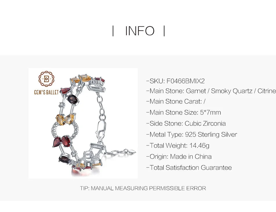 GEM'S BALLET Real 925 Sterling Silver Natural Multicolor Garnet Smoky Quartz Citrine Bracelets & Bangles for Women Fine Jewelry