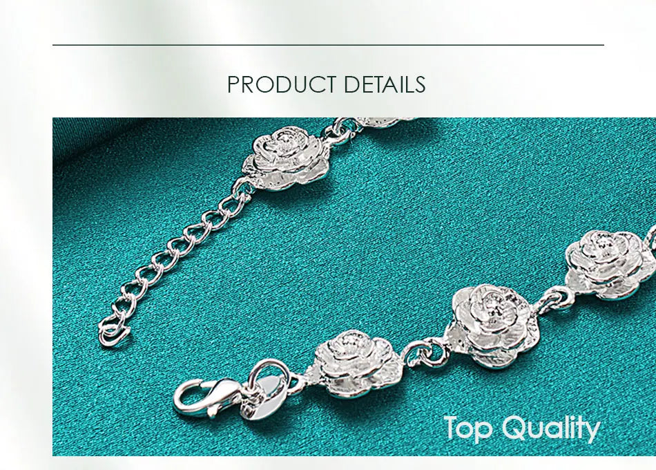 925 Sterling Silver Full Rose Flower Chain Bracelet