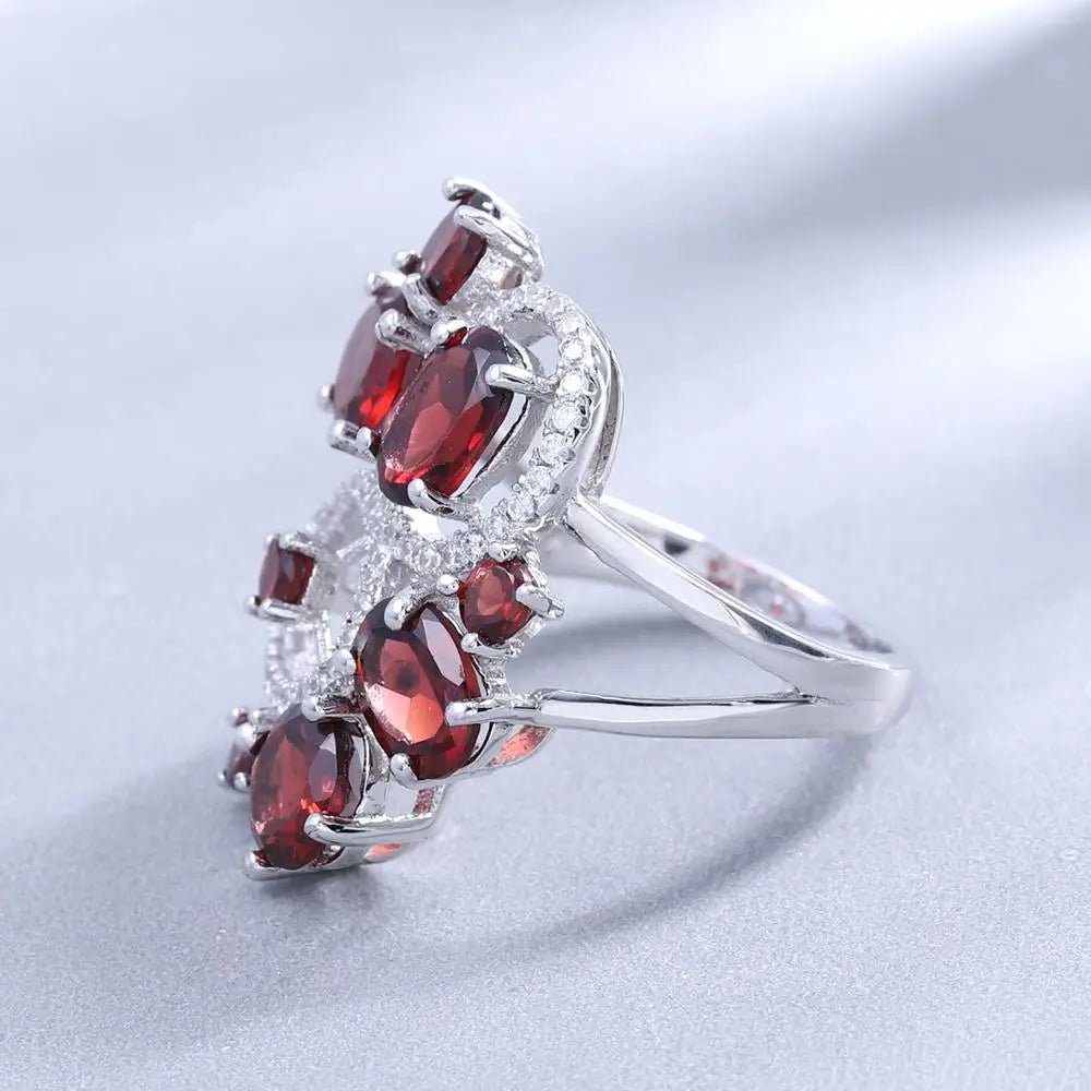 GEM'S BALLET Natural Red Garnet Vintage Flower Jewelry Set 925 Sterling Silver Earrings Ring Sets For Women Gemstone Jewelry