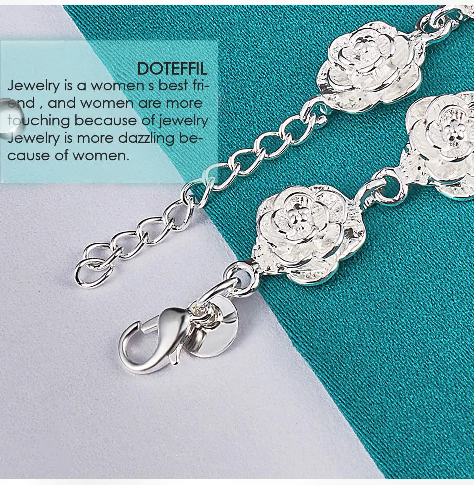 925 Sterling Silver Full Rose Flower Chain Bracelet