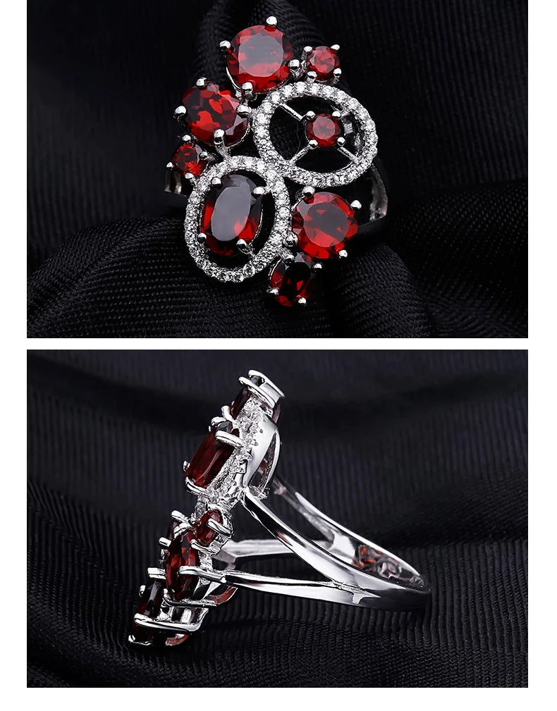 GEM'S BALLET Natural Red Garnet Vintage Flower Jewelry Set 925 Sterling Silver Earrings Ring Sets For Women Gemstone Jewelry