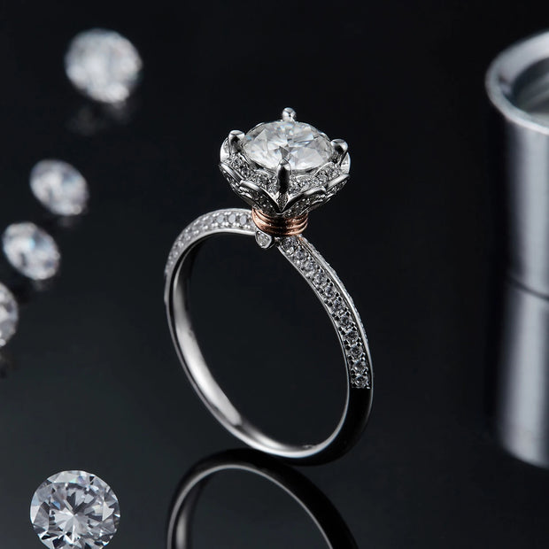GEM'S BALLET 1.0Ct Round Bypass Floral Halo Moissanite Engagement Ring – Timeless Elegance
