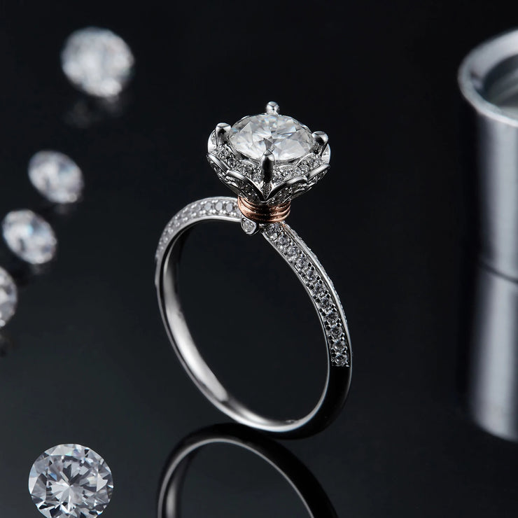 GEM'S BALLET 1.0Ct Round Bypass Floral Halo Moissanite Engagement Ring – Timeless Elegance