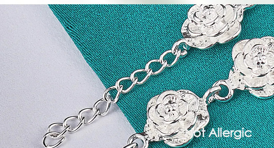 925 Sterling Silver Full Rose Flower Chain Bracelet