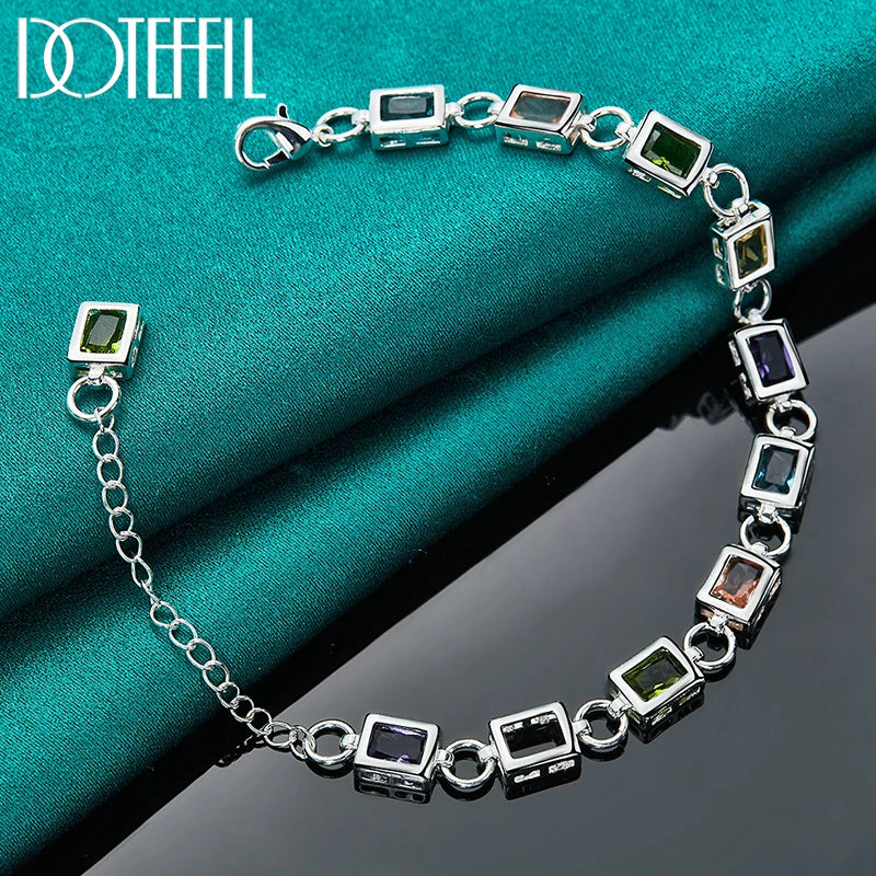 925 Sterling Silver Square inlaid With Multi-color AAA Zircon Bracelet Chain