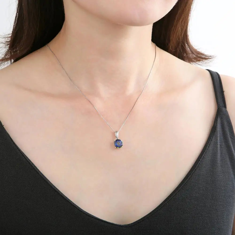 GEM'S BALLET Natural Blue Topaz Gemstone Pendant Necklace For Women Jewelry 925 Sterling Silver Classic Round Birthstone Pendant