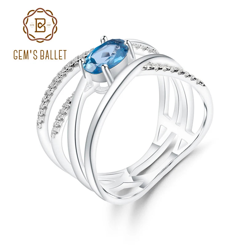 Natural London Blue Topaz Gemstone Ring 925 Sterling Silver Criss-Cross