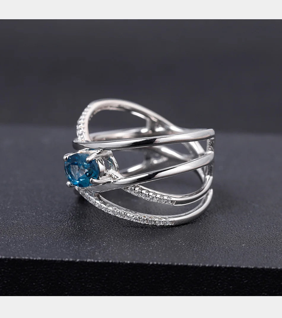 Natural London Blue Topaz Gemstone Ring 925 Sterling Silver Criss-Cross