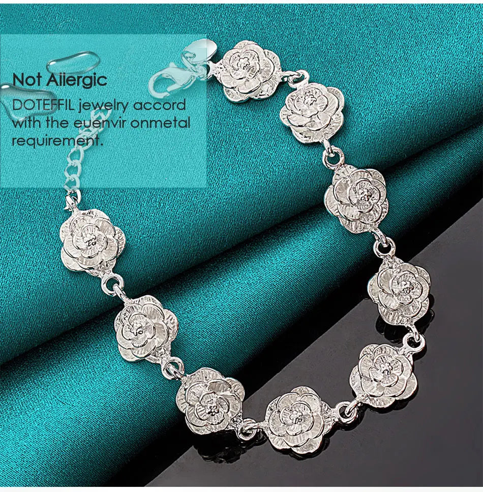 925 Sterling Silver Full Rose Flower Chain Bracelet