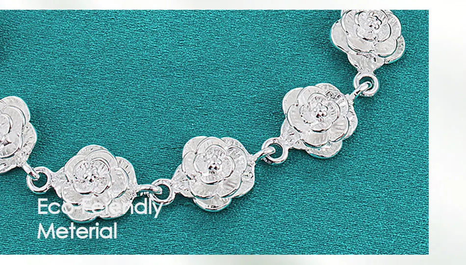 925 Sterling Silver Full Rose Flower Chain Bracelet