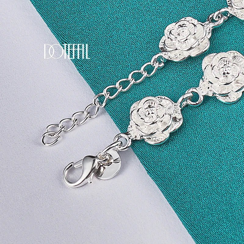 925 Sterling Silver Full Rose Flower Chain Bracelet