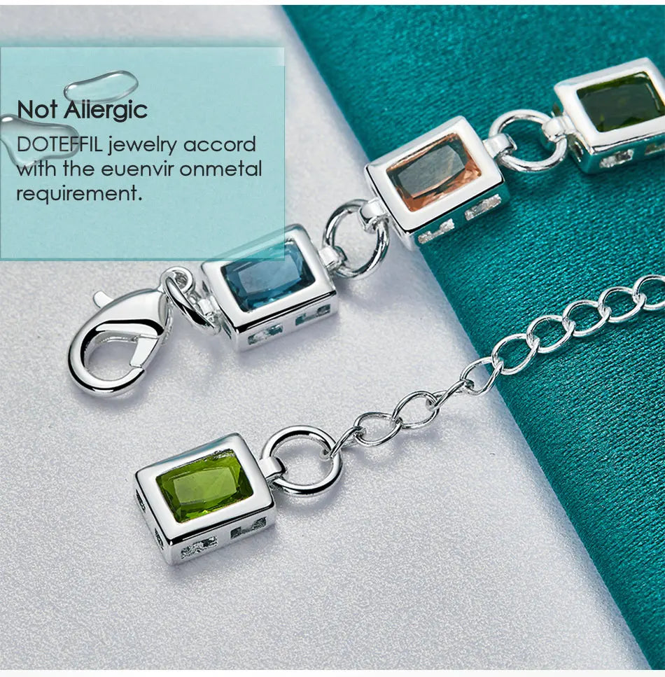 925 Sterling Silver Square inlaid With Multi-color AAA Zircon Bracelet Chain