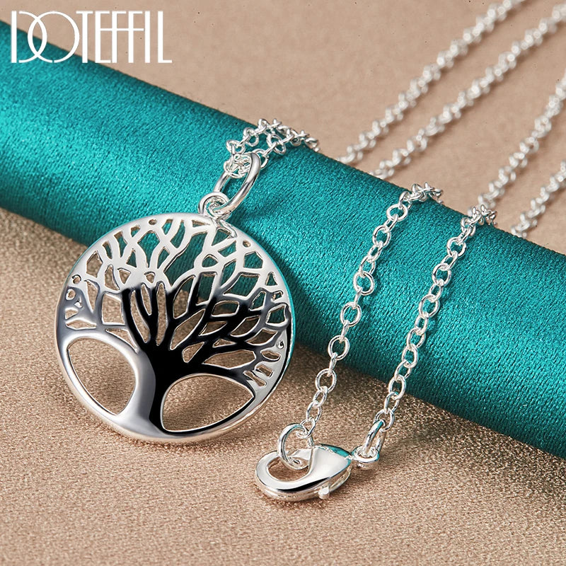 DOTEFFIL 925 Sterling Silver 16-30 Inch Chain Tree Round Pendant Necklace For Woman Fashion Wedding Engagement Charm Jewelry