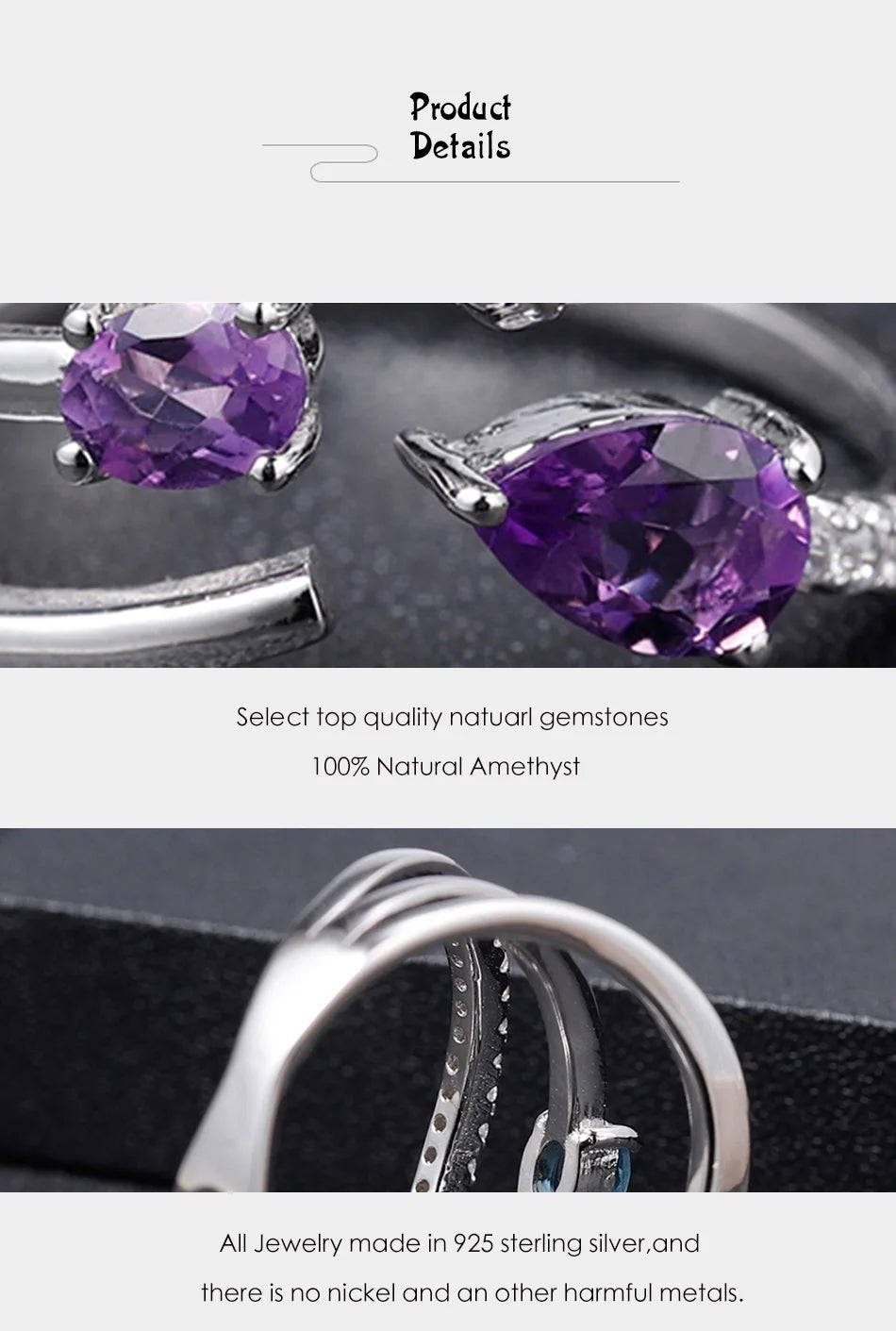 Gem's Ballet 925 Sterling Silver Amethyst Swirl Ring – Elegant & Adjustable