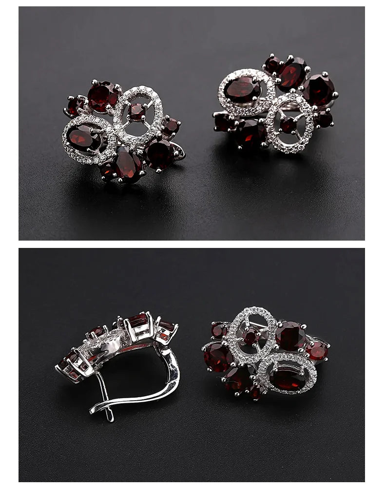 GEM'S BALLET Natural Red Garnet Vintage Flower Jewelry Set 925 Sterling Silver Earrings Ring Sets For Women Gemstone Jewelry