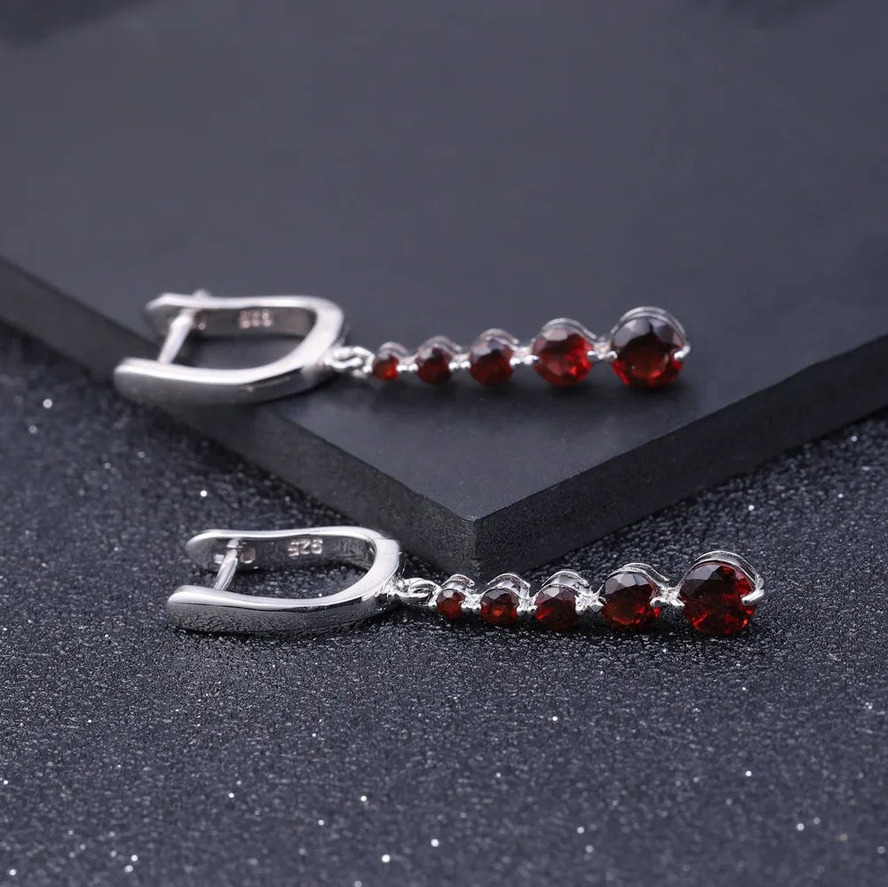 Natural Red Garnet Gemstone Drop Earrings Genuine Pure 925 Sterling Silver