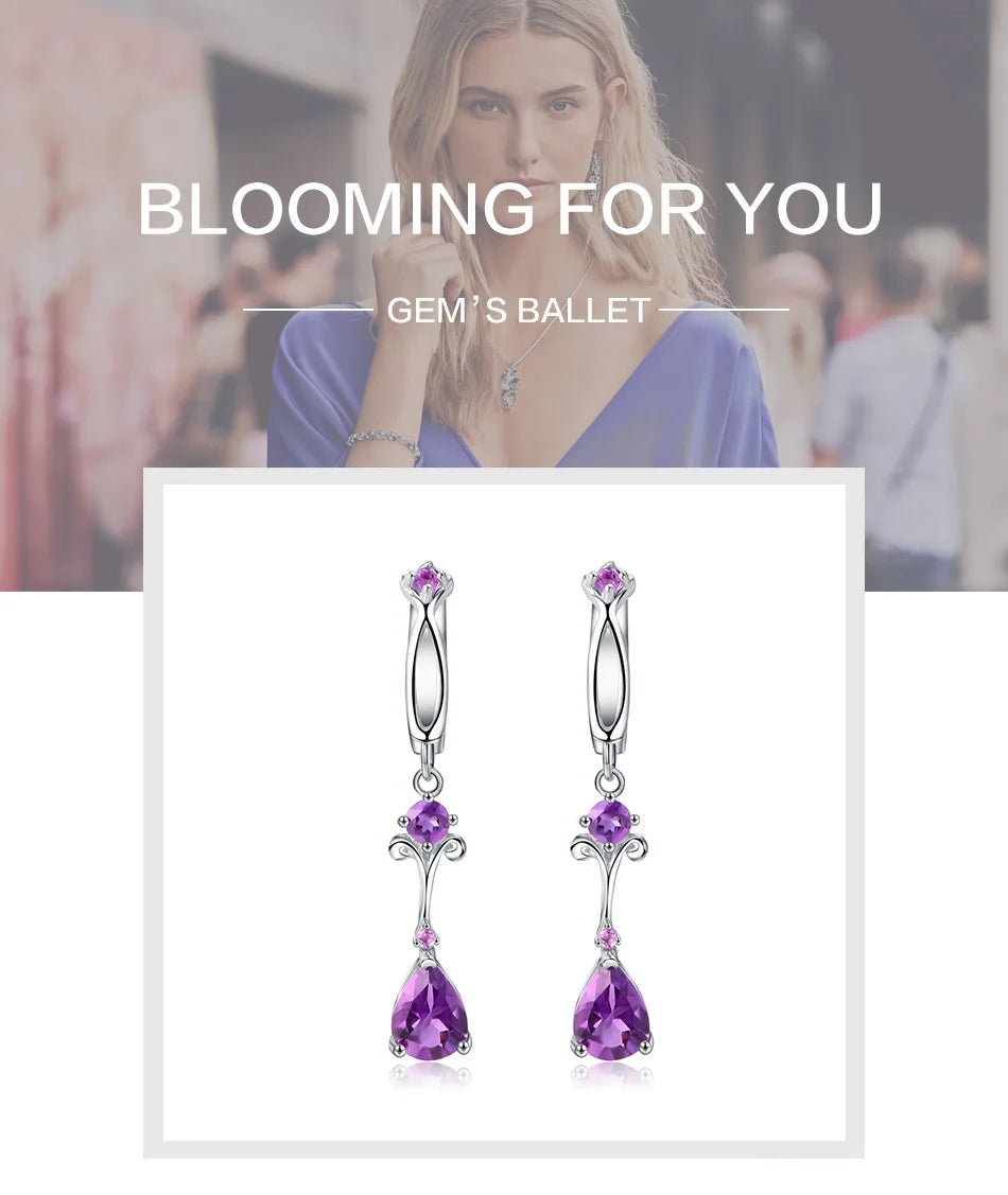 Natural Purple Amethyst Drop Earrings 925 Sterling Silver