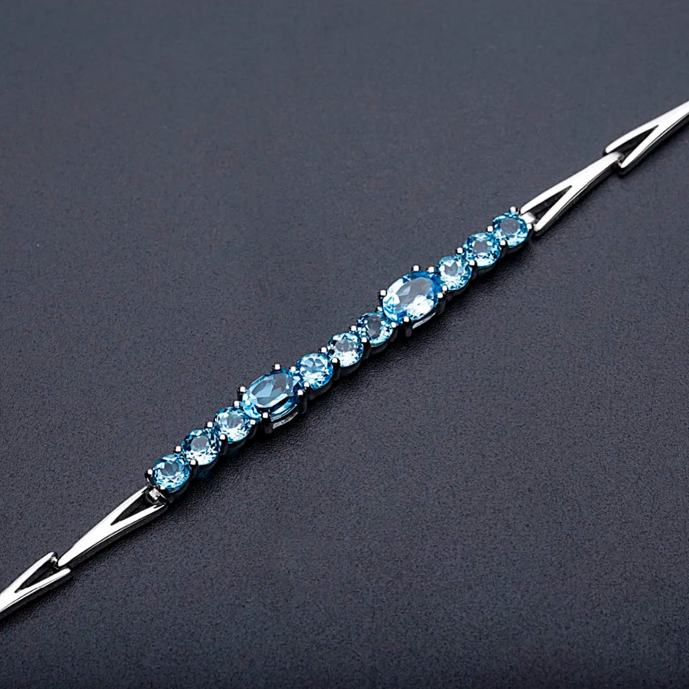 GEM'S BALLET Classic 925 Sterling Silver 4.94Ct Round Natural Swiss Blue Topaz Tennis Link Bracelet For Women Soild Fine Jewelry