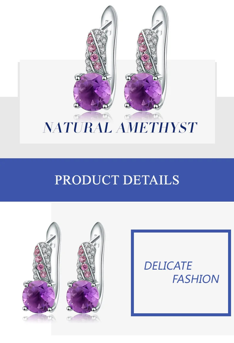 GEM'S BALLET Round Natural Amethyst Dark Purple Fine Jewelry Sets Pure 925 Sterling Silver Earrings Ring Set For Women Wedding