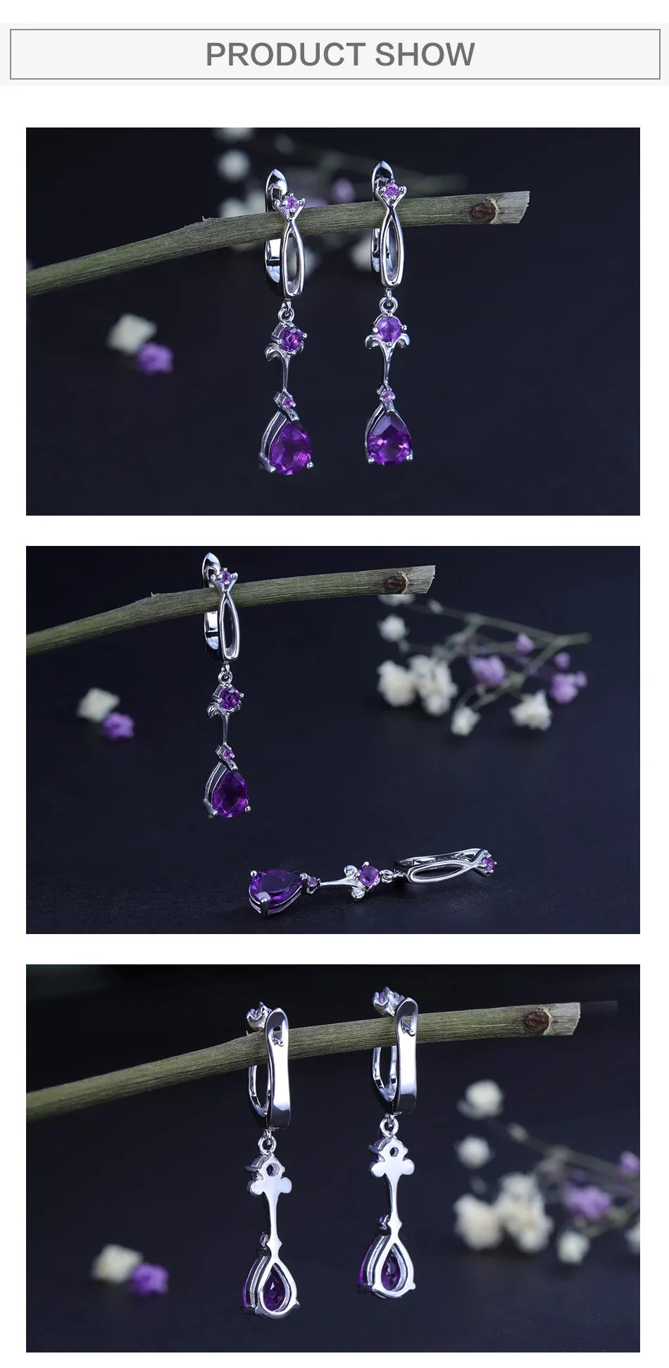 Natural Purple Amethyst Drop Earrings 925 Sterling Silver