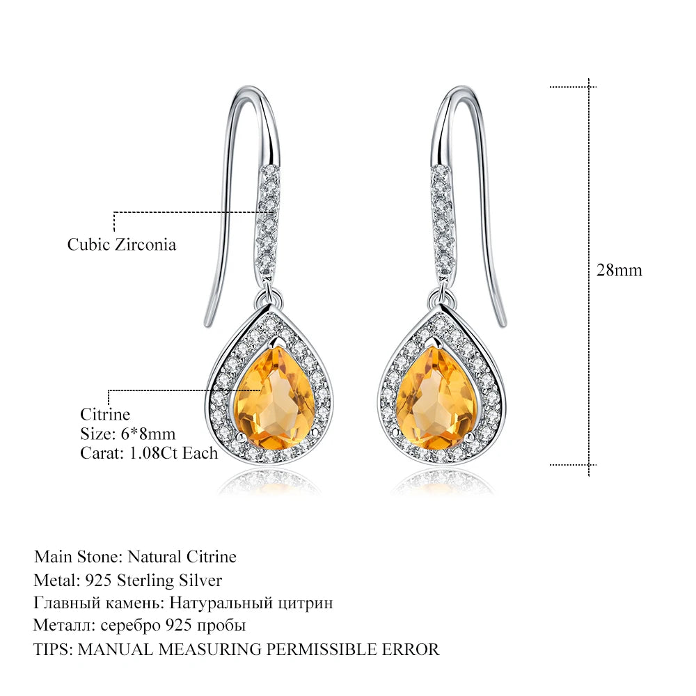 GEM'S BALLET 925 Sterling Silver Gemstone Water Drop Brincos 2.17Ct Natural Citrine Drop Earrings for Women Wedding Fine Jewelry