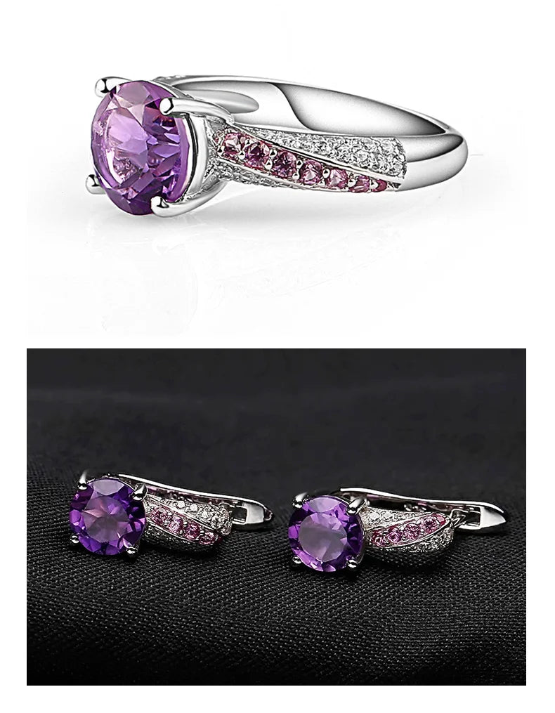 GEM'S BALLET Round Natural Amethyst Dark Purple Fine Jewelry Sets Pure 925 Sterling Silver Earrings Ring Set For Women Wedding