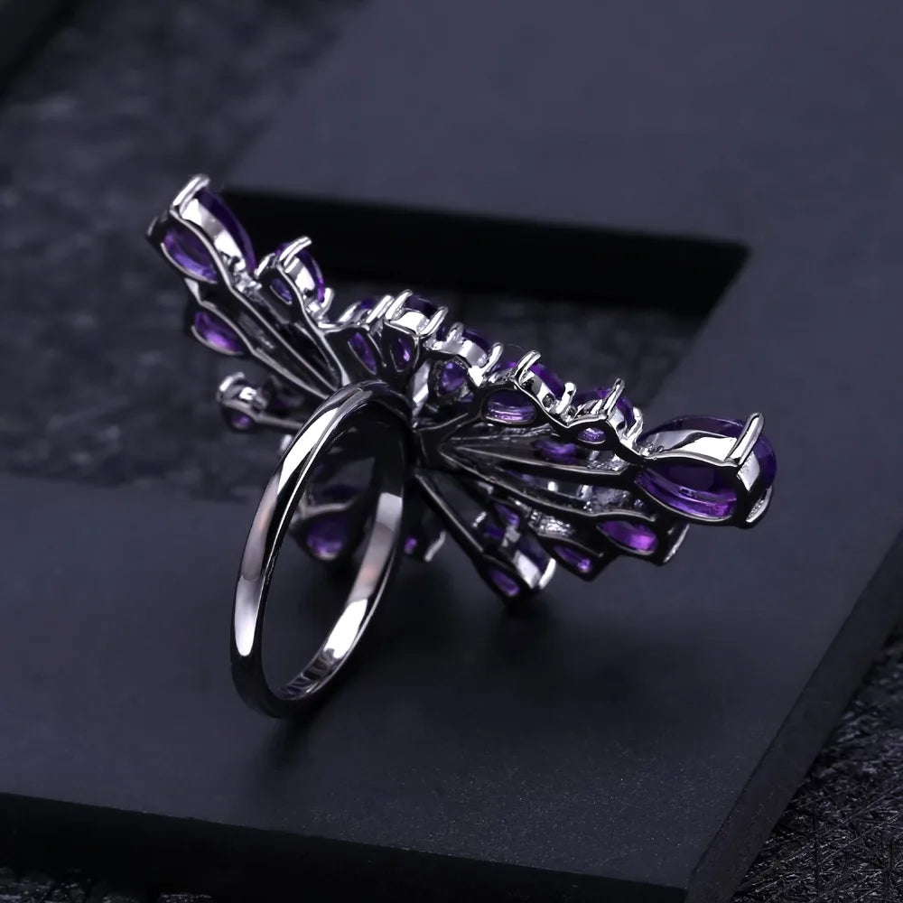 GEM'S BALLET 6.18Ct Natural Amethyst Ring 925 Sterling Sliver Vintage Gothic Purple Gemstone Cocktail Ring For Women Green Star