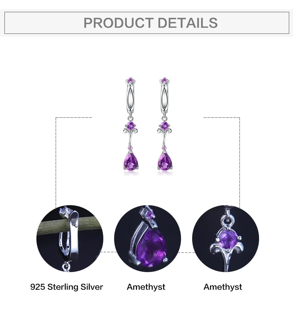 Natural Purple Amethyst Drop Earrings 925 Sterling Silver