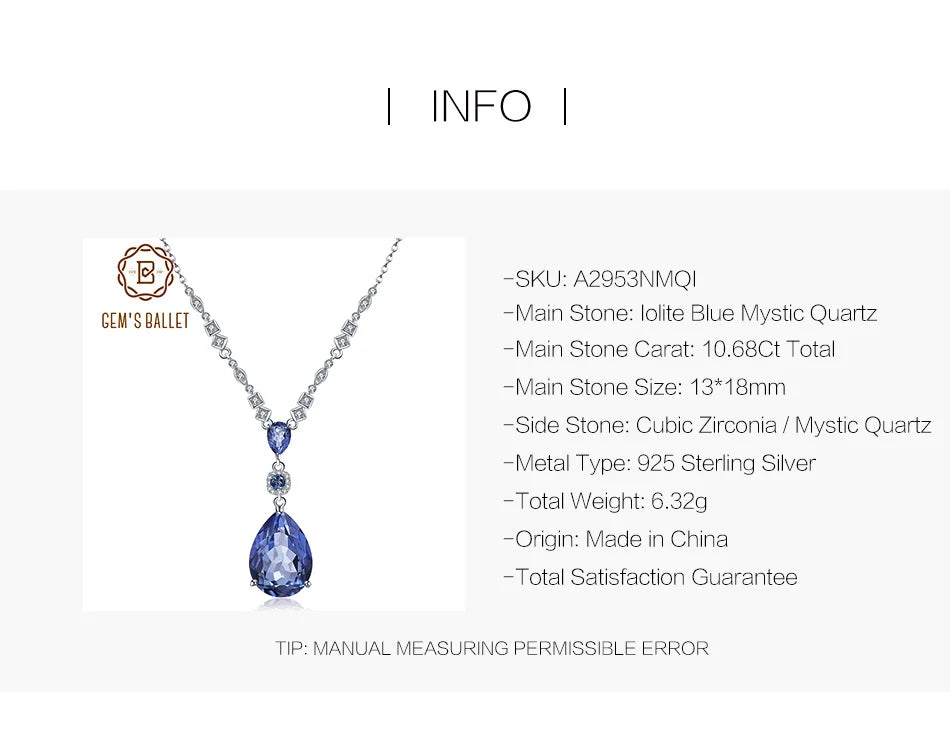 GEM'S BALLET 925 Sterling Silver Jewelry 10.68C Natural Iolite Blue Mystic Quartz Pendant Water Drop Necklace for Women Wedding