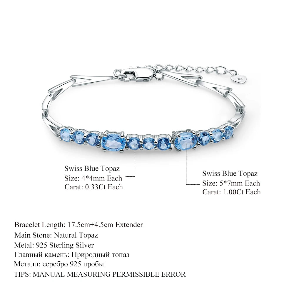 GEM'S BALLET Classic 925 Sterling Silver 4.94Ct Round Natural Swiss Blue Topaz Tennis Link Bracelet For Women Soild Fine Jewelry