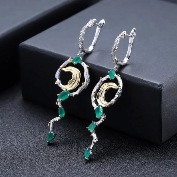 GEM'S BALLET 100% 925 Sterling Silver Natural Green Agate Earrings Ring Set Vintage Gemstone Fine Jewelry For Women Party