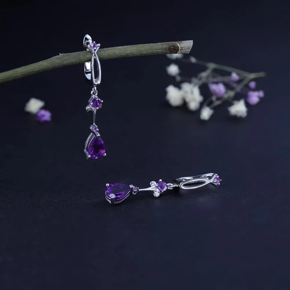 Natural Purple Amethyst Drop Earrings 925 Sterling Silver