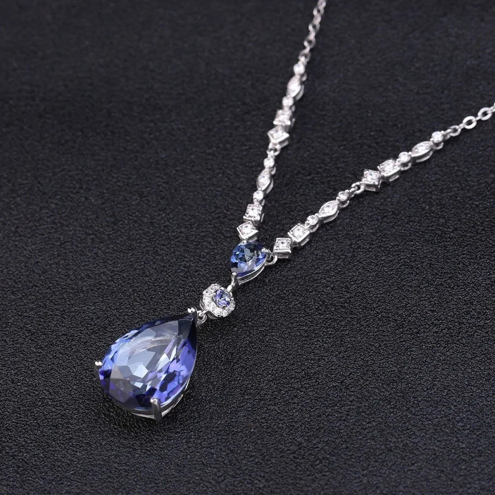 GEM'S BALLET 925 Sterling Silver Jewelry 10.68C Natural Iolite Blue Mystic Quartz Pendant Water Drop Necklace for Women Wedding