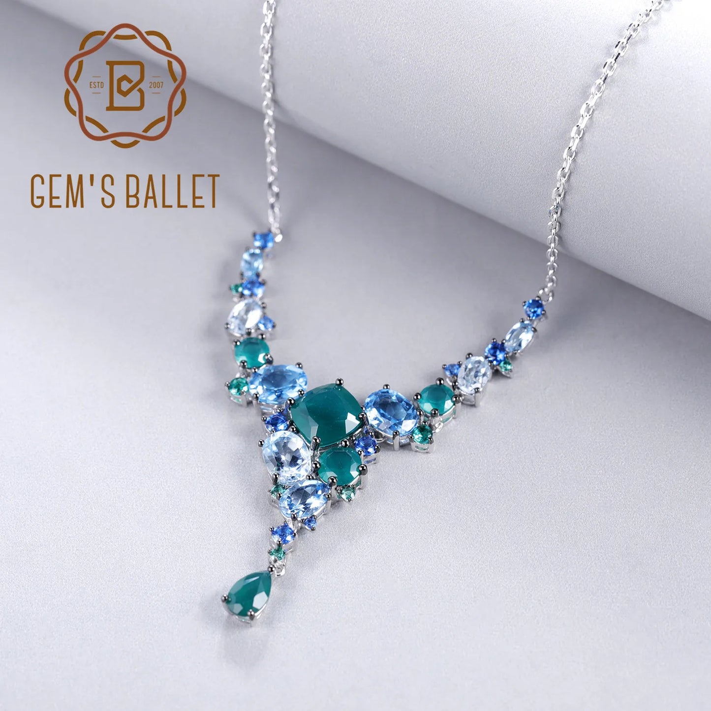 GEM'S BALLET 925 Sterling Silver Geometric Necklace Luxury Natural Green Agate Bride Necklace for Women Wedding Jewelry Collier