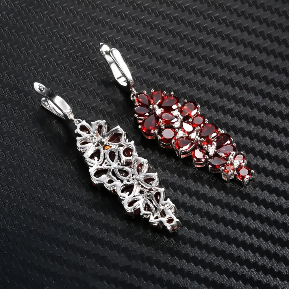 Natural Red Garnet Gemstone 925 Sterling Silver Drop Earrings