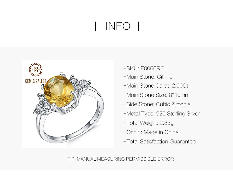 GEM'S BALLET 2.60Ct Natural Citrine Ring – Classic Elegance in Sterling Silver