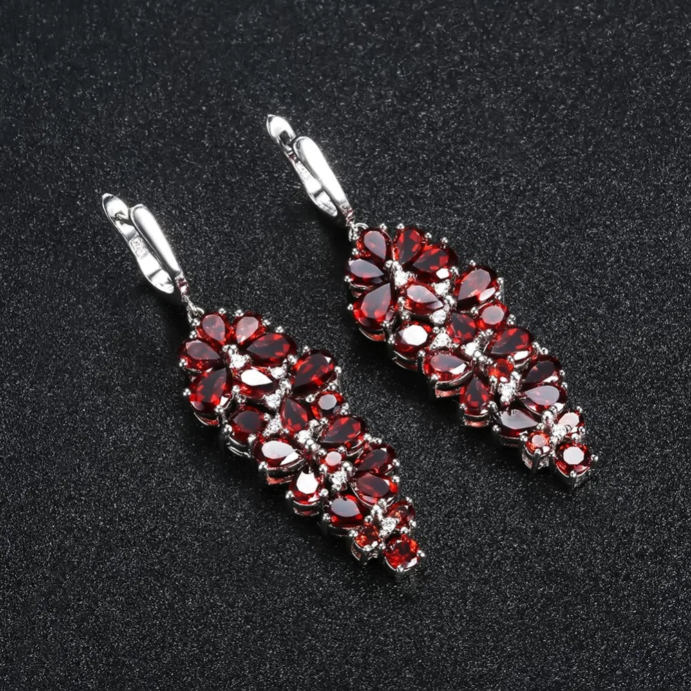 Natural Red Garnet Gemstone 925 Sterling Silver Drop Earrings